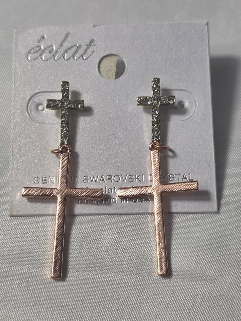 Éclat Rose Gold-Tone & Silver Double Cross Drop Earrings Swarovski Crystals NEW